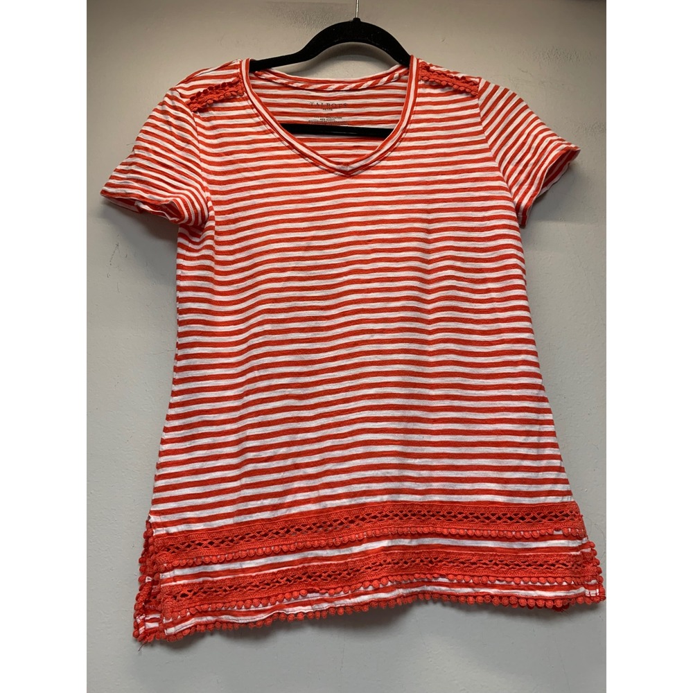 Talbots Striped V-Neck T-Shirt Womens Petite P Red White Excellent Crochet Trim